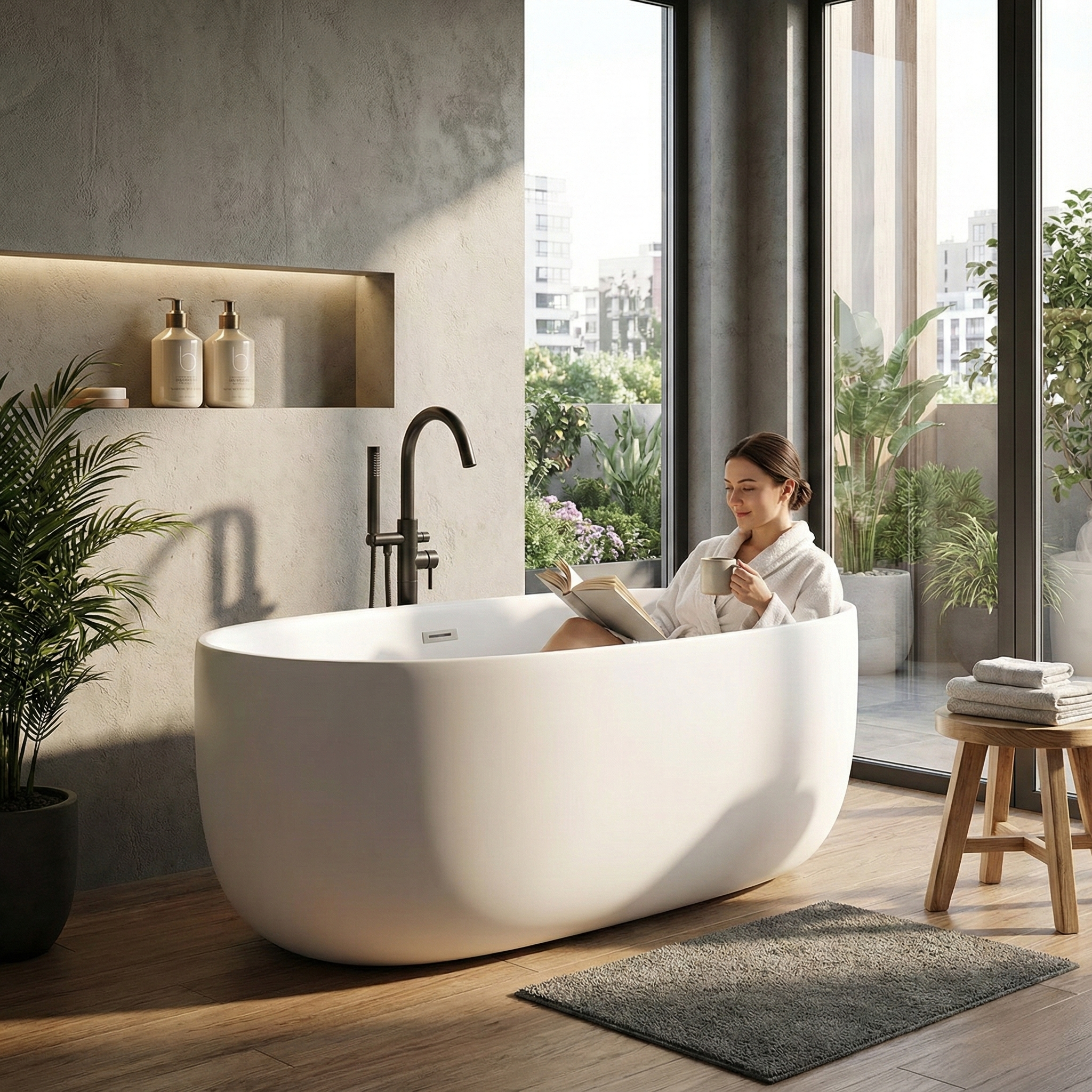 LILYA 47" Freestanding Stone Resin BathtubModern Matte White Soaking Tub