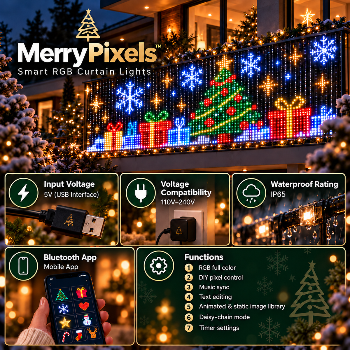 MerryPixels smart RGB curtain lights with app features