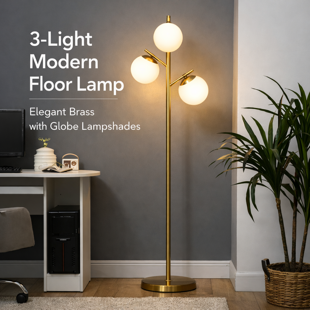 3-Light Modern Floor Lamps for Living Room Tree Standing Lamp for Bedroom with Globe Lampshade Steel Base (Bulb not Included)