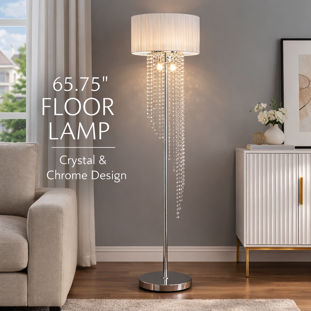 65.75'H Sheer White Drum Shade Rain Crystal Chrome Metal Floor Lamp for Living Room Standing Lamp for Bedroom