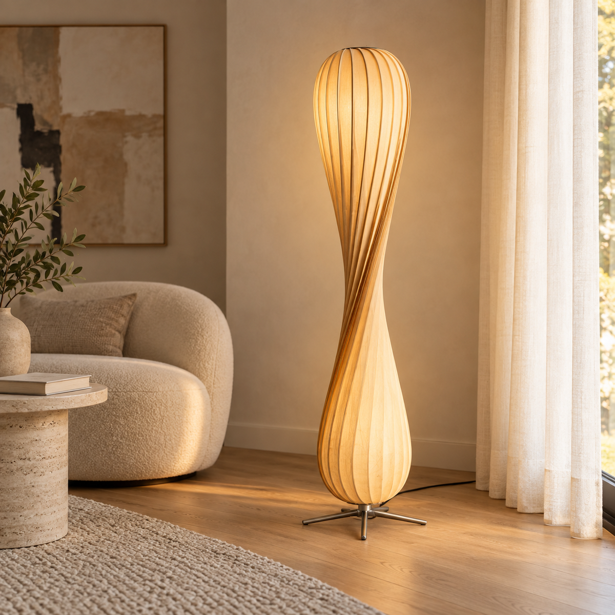 Modern Sculptural Twist Floor Lamp, Dimmable Wood LED Standing Lamp for Bedroom & Living Room
