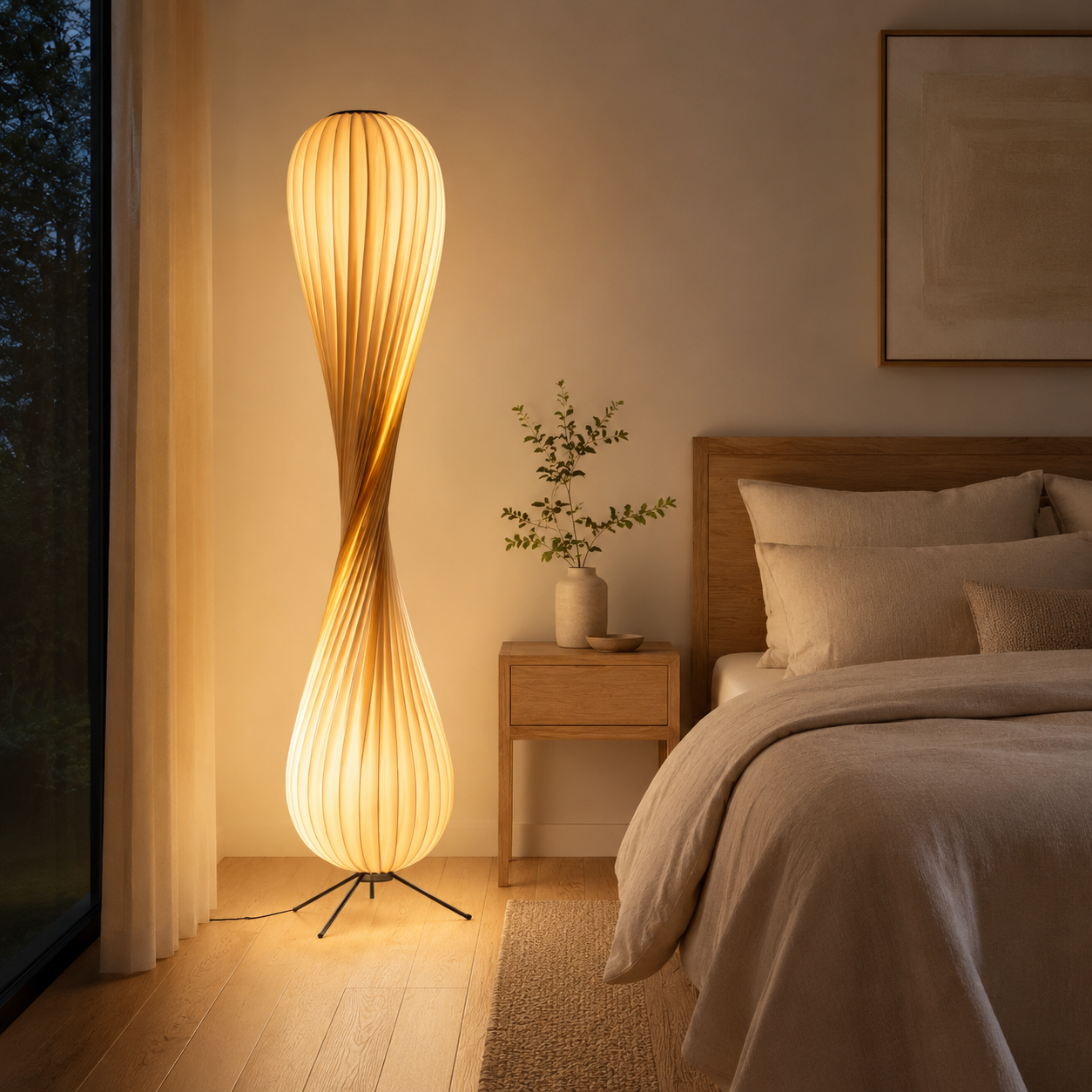 Sculptural Wood Floor Lamp, Dimmable LED Standing Lamp for Bedroom & Living Room, Warm Ambient Glow – Airayvis