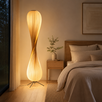 Sculptural Wood Floor Lamp, Dimmable LED Standing Lamp for Bedroom & Living Room, Warm Ambient Glow – Airayvis