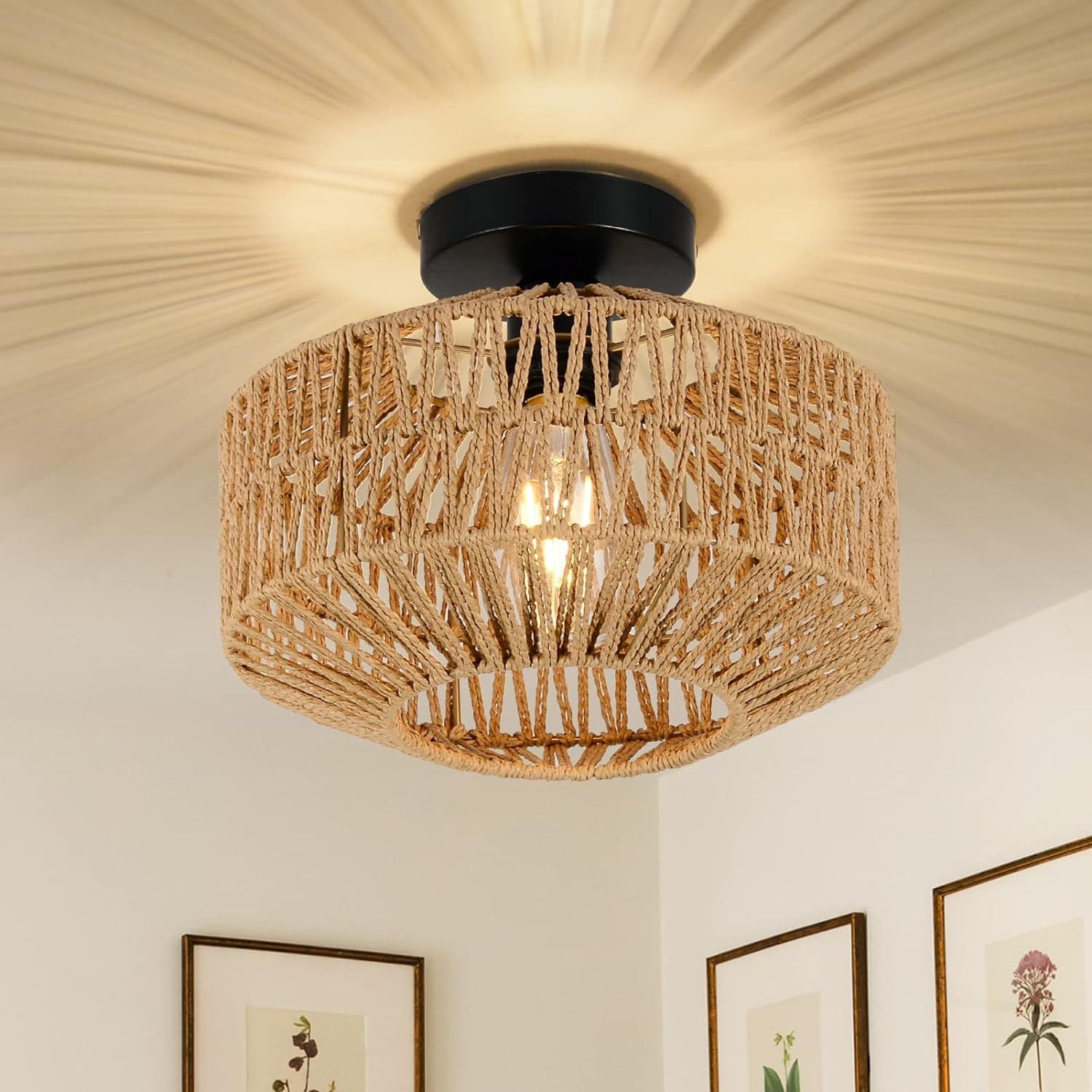 Boho Light Fixtures Ceiling Mount,Mini Rattan Chandelier Light Fixture with Dimmable LED Bulb