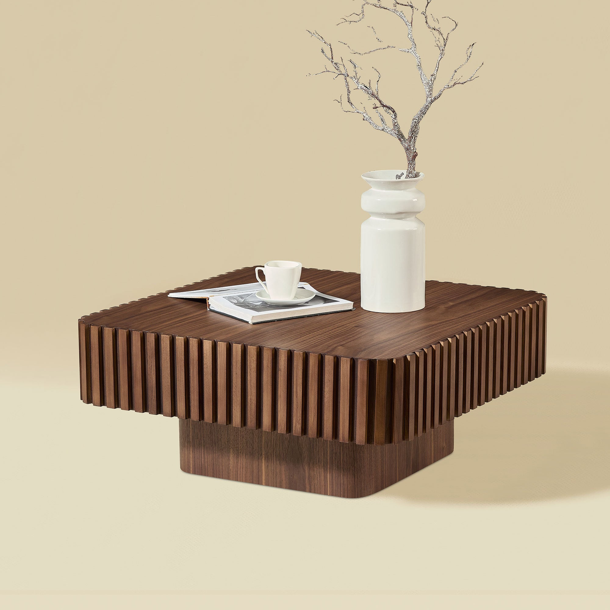 31.5 Inch Modern Handcraft Drum Coffee Table Square Coffee Table for Living Room,Small Wooden Coffee Table with Sturdy MDF Pedesta,Walnut Color
