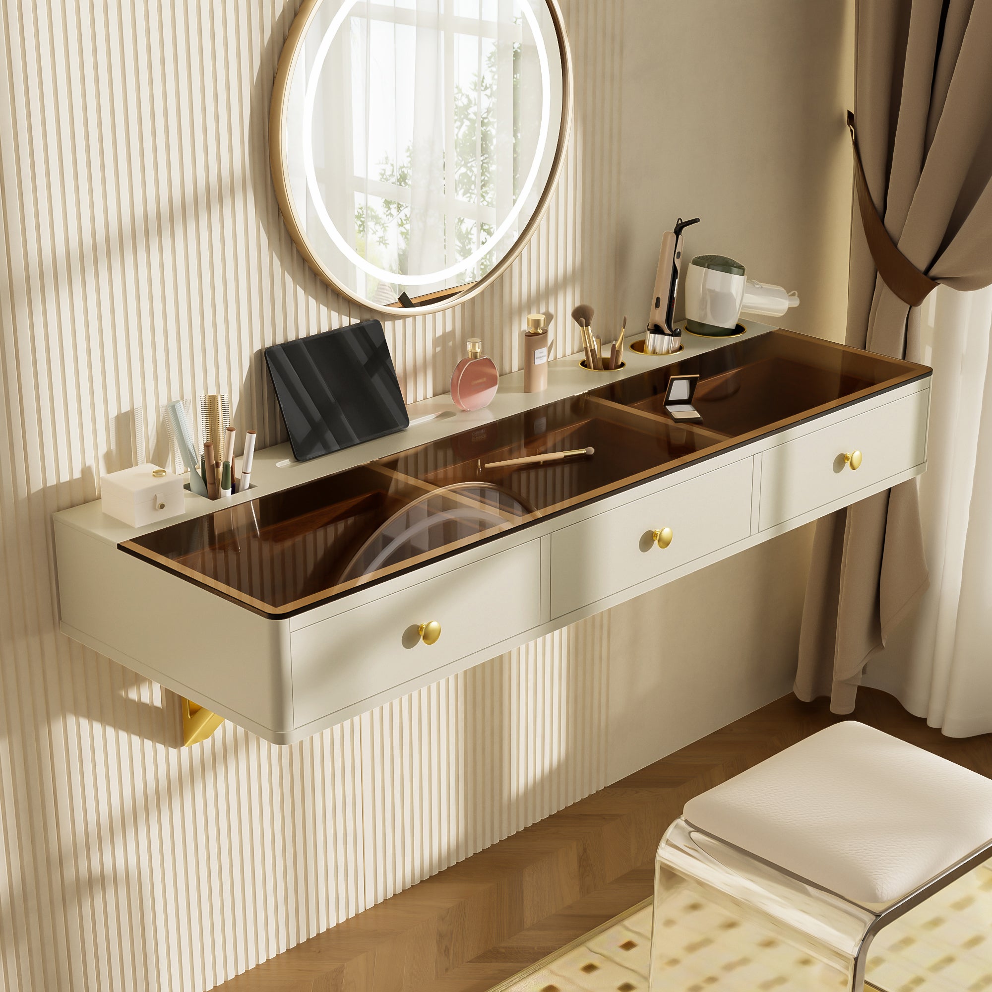 GO 47' Floating Shelf with Drawer, Multi-Purpose Wall-Mounted Vanity Table, Mounted Desk, Floating Table for Bedroom, Bathroom, Hairdressers,  Beige and Golden