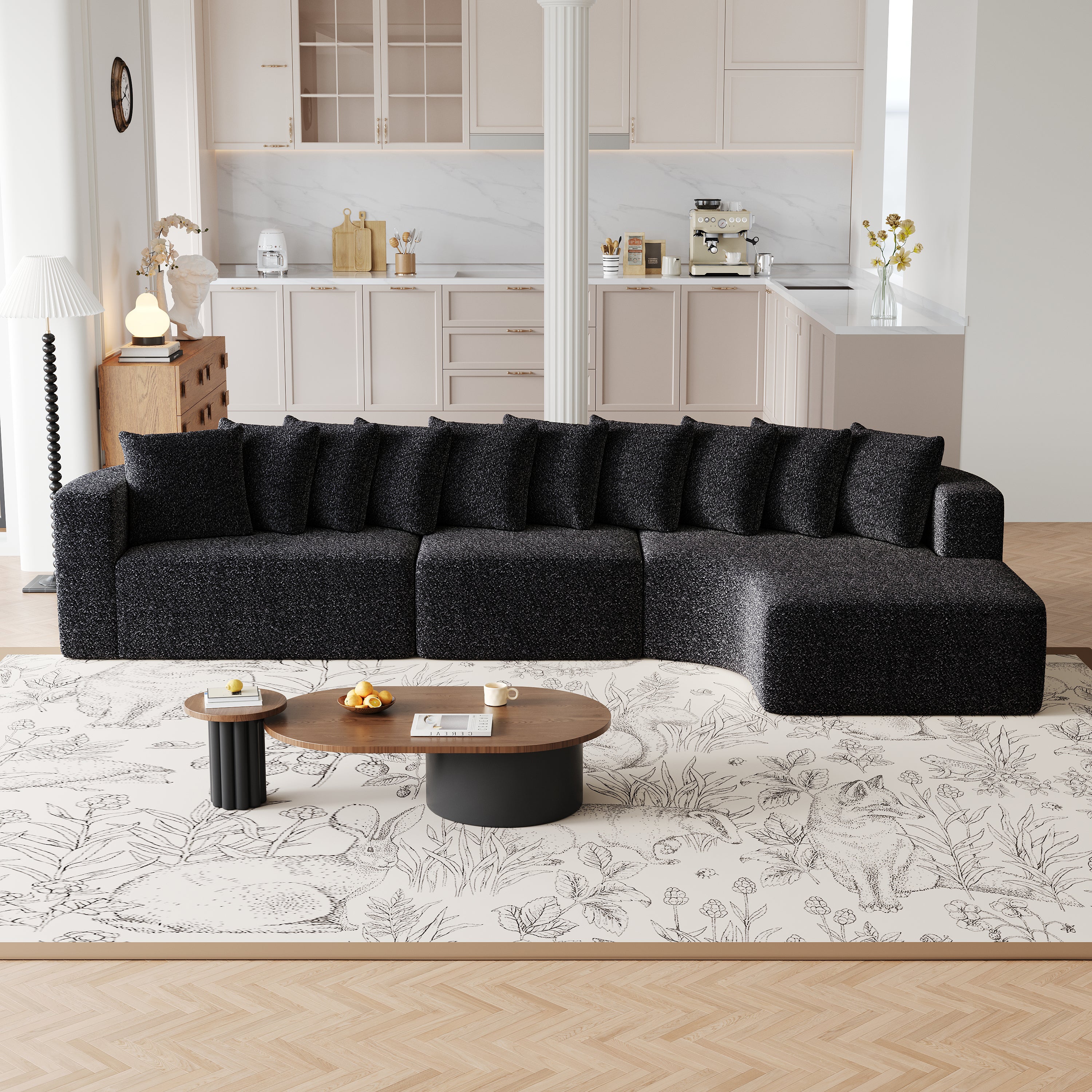 131.1-inch Chenille Sectional Sofa Set, Modern Cloud-Shaped Curved Sofa, Includes 10 Pillows, Living Room Fabric Corner Sofa, L-Shaped Modular Sofa (Right Chaise)