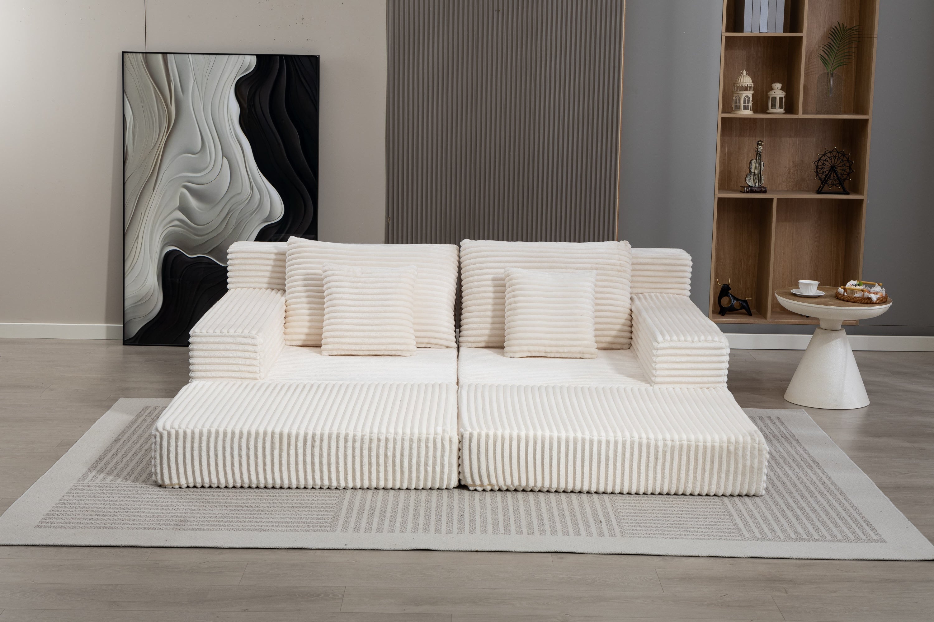 Double Lounge Chaise,Cloud Plush Sofa Bed,Upholstered Boneless Cloud Sofa Deep Seat,No Assembly Required,Modern Corduroy Sleeper Loveseat Chair for Living Room Bedroom Reading,Left,Beige