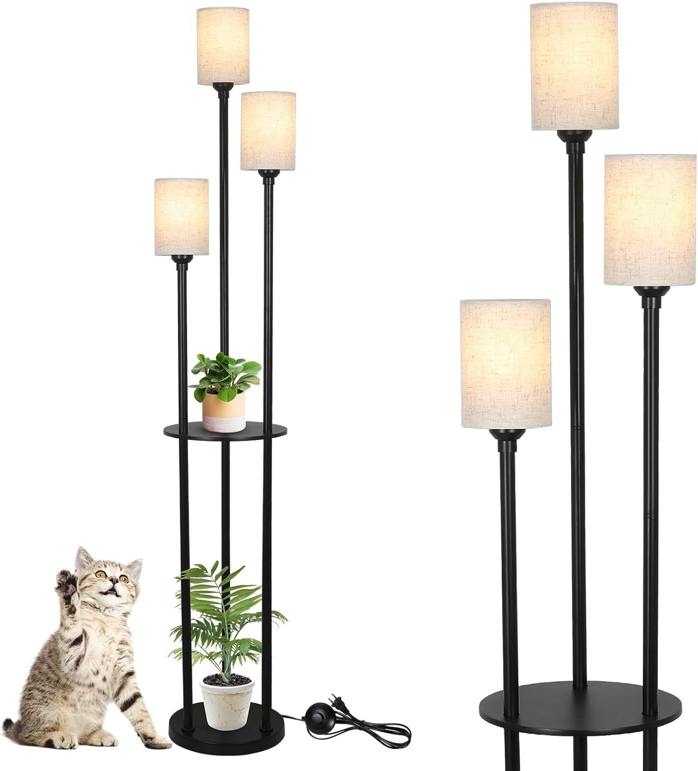 Floor Lamp with Shelves Modern Floor Lamps for Living Room 3-Lights Standing Lamp with Linen Shade and Foot Switch