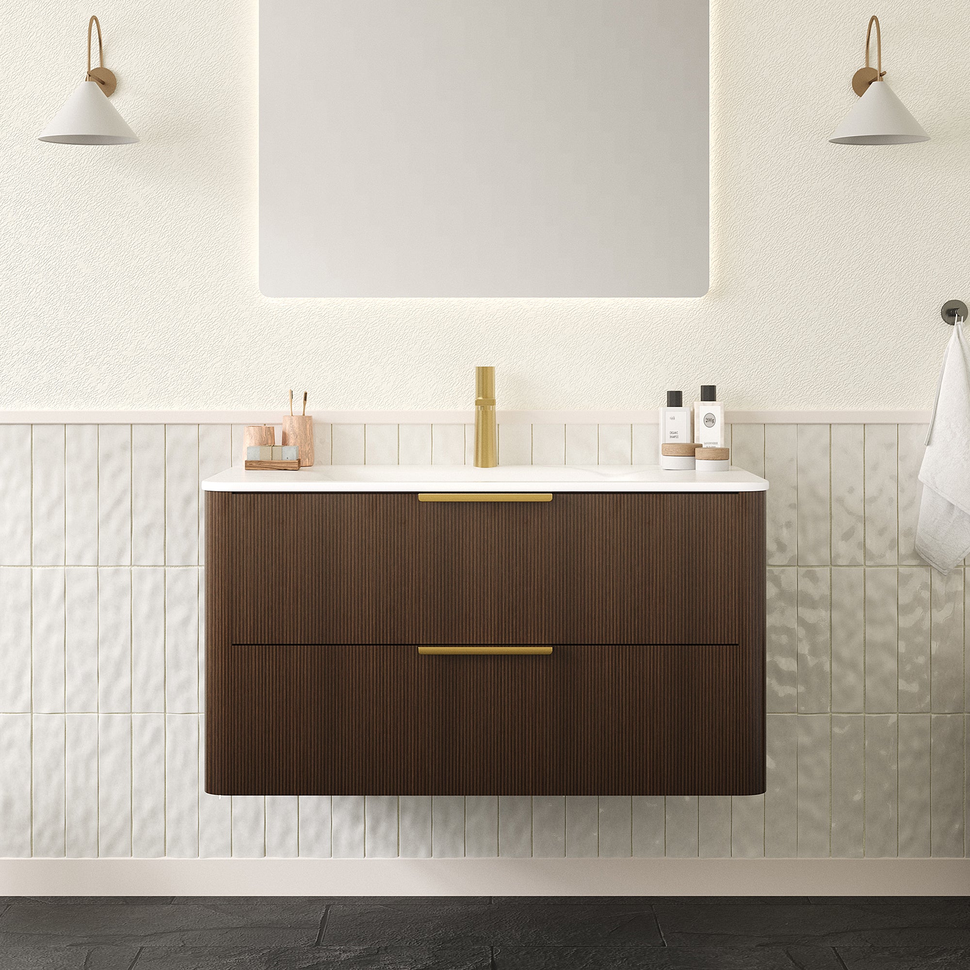 ZANE 36' Bathroom Vanity with Sink, Floating Ultra-Pinstriped Plywood Storage Cabinet with Drawers, Carrara White Sintered Stone Hot-bent Integrated Basin, Pre-assembled, Italy Walnut Woodgrain Color