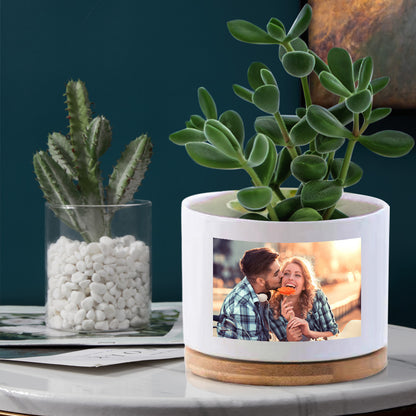 Custom Photo Ceramic Flower Pot Personalized Modern Succulent Planter Pots with Bamboo Tray