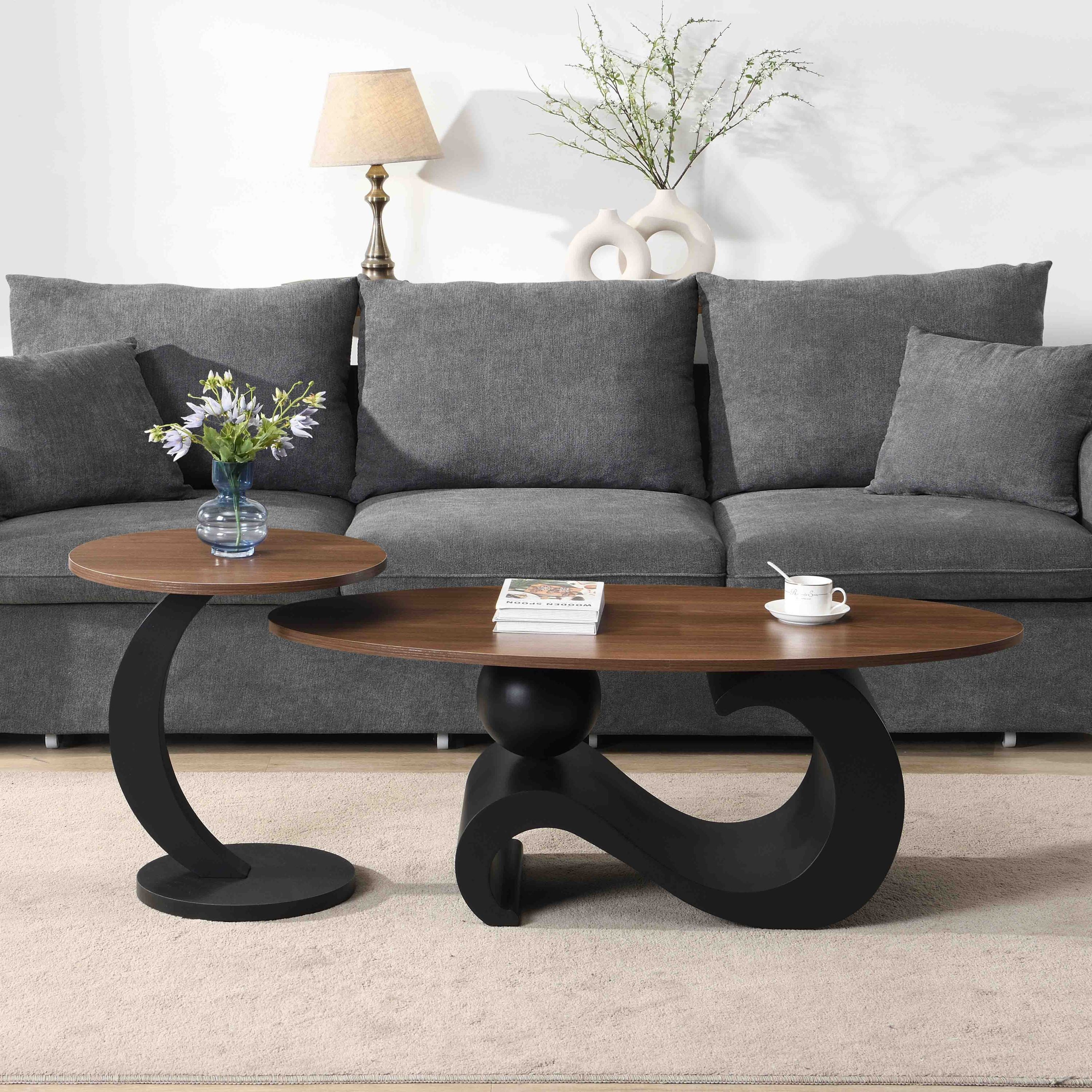 Nesting Coffee Table Set of 2 Oral and Round Coffee Table Set Industrial Table for Living Room