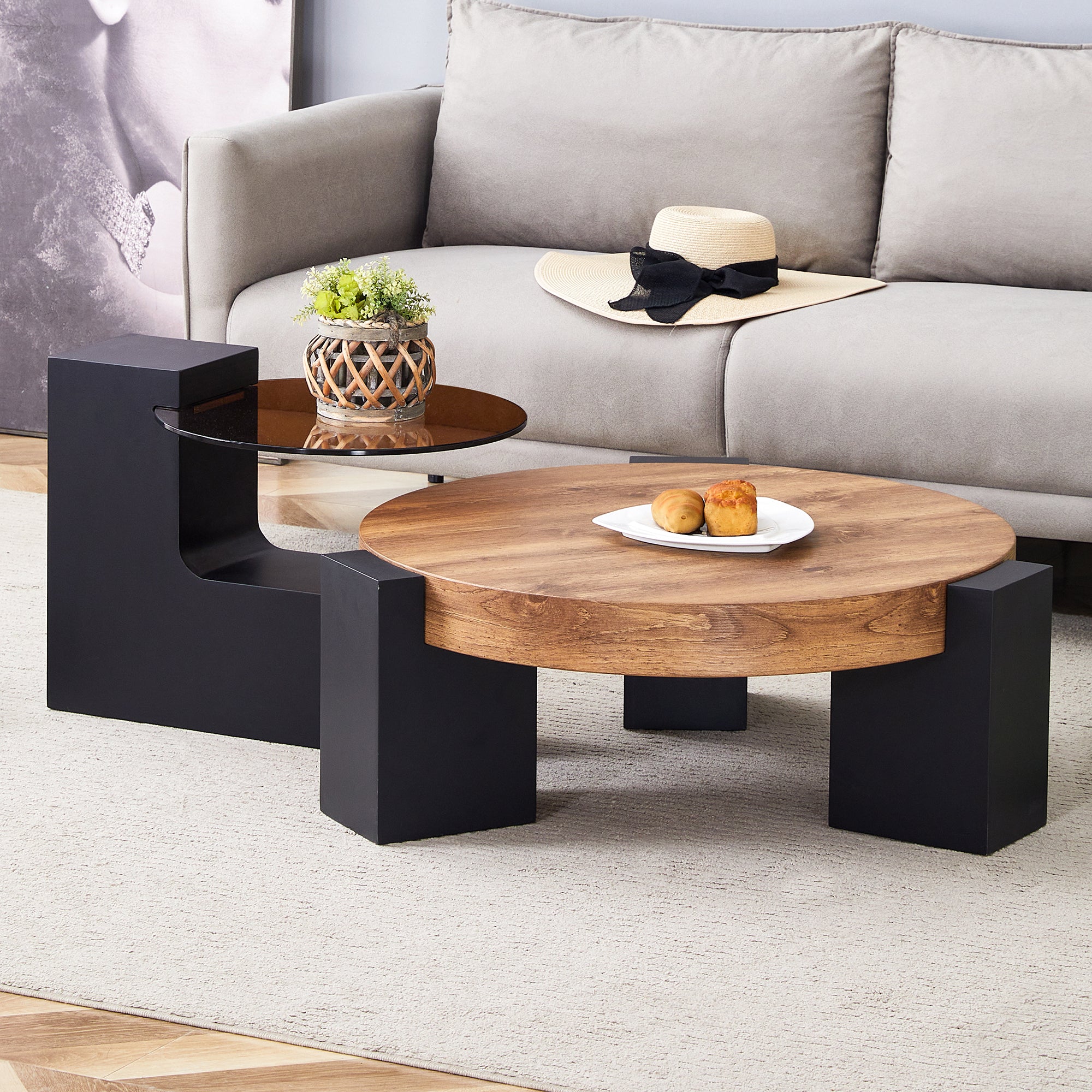 Modern Simple Double-Layer Round Coffee Table - Transparent Brown Glass Top with Black MDF L-Shaped Legs