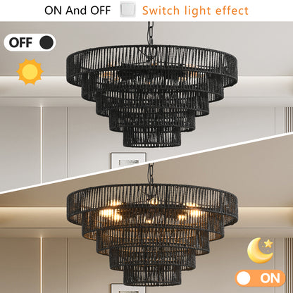 Natural Wood Finish Rattan Chandelier