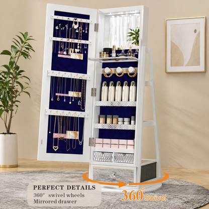 360° Rotating Jewelry Cabinet with LED Lights - Built-in Makeup Mirror