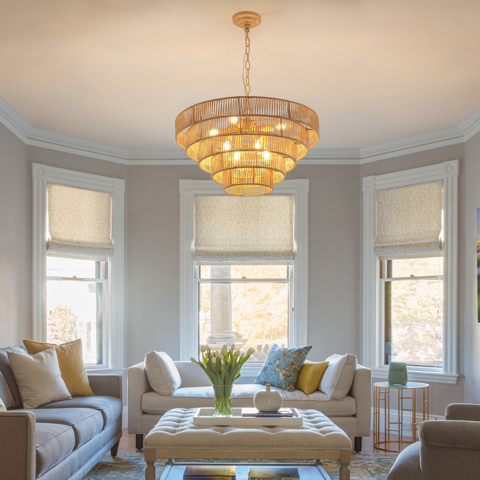 Natural Wood Finish Rattan Chandelier