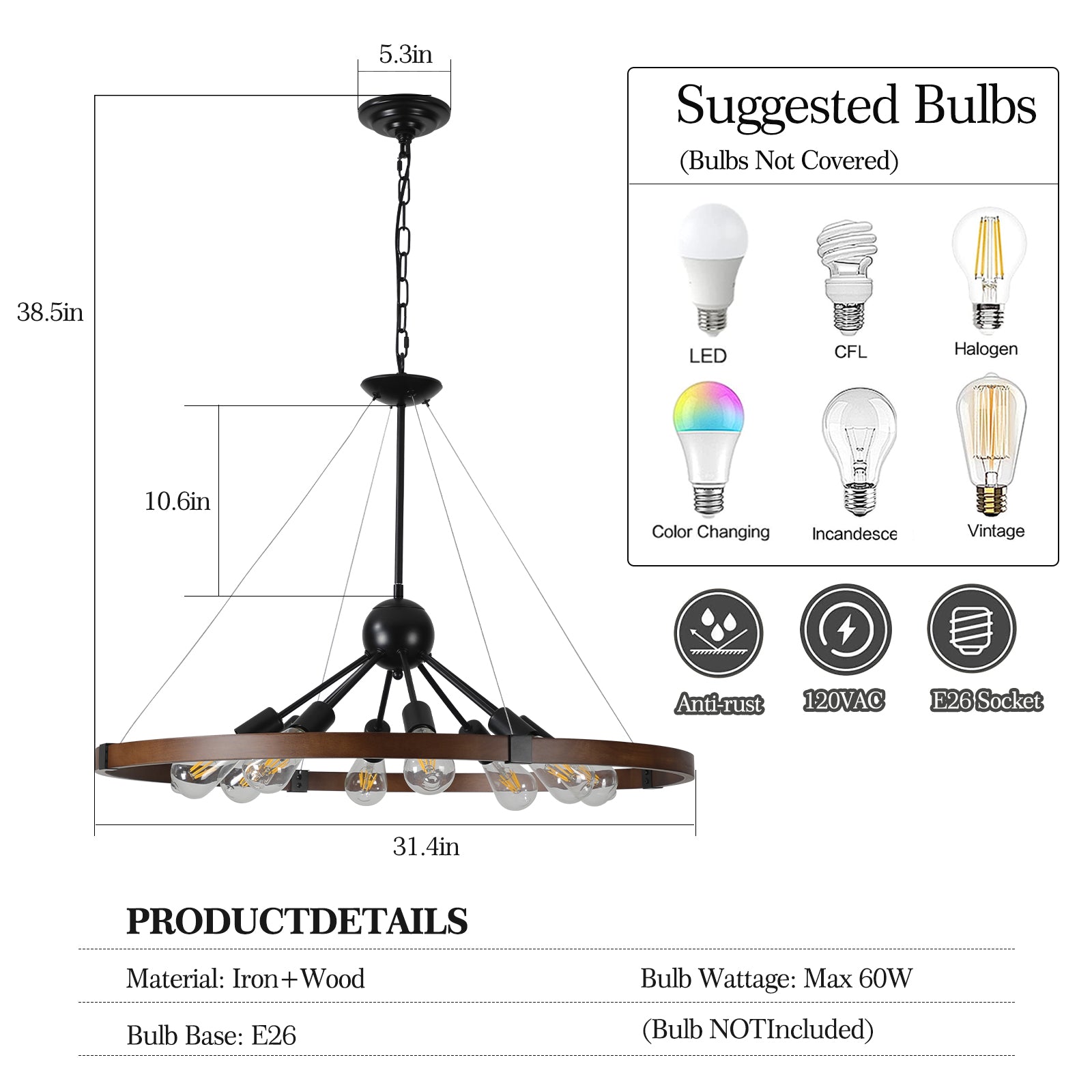 Vintage Industrial Rust Iron Round Chandelier