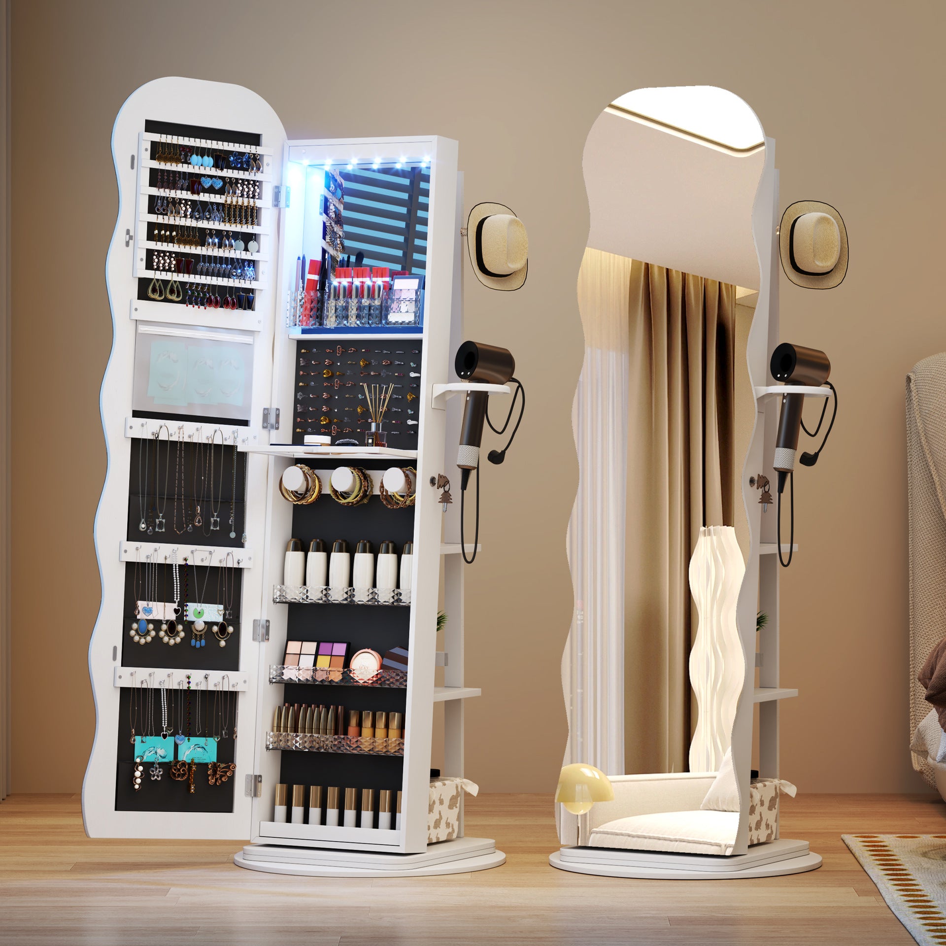 LED Full-Length Mirror with 360° Rotating Wave Mirror Jewelry Cabinet, Lockable with Built-in Folding Shelf