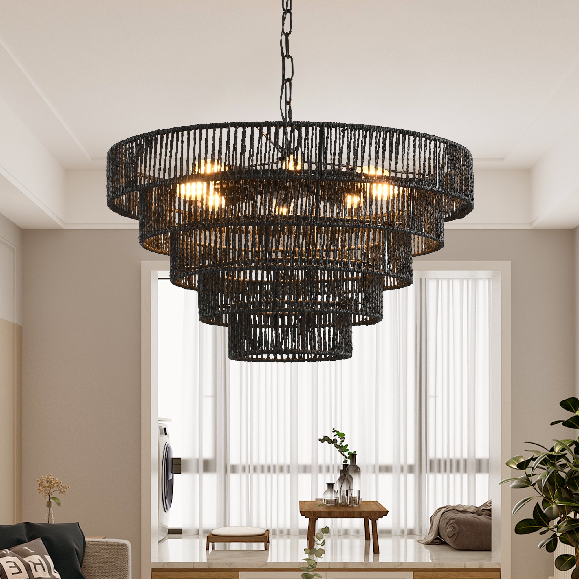 Natural Wood Finish Rattan Chandelier