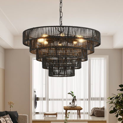 Natural Wood Finish Rattan Chandelier