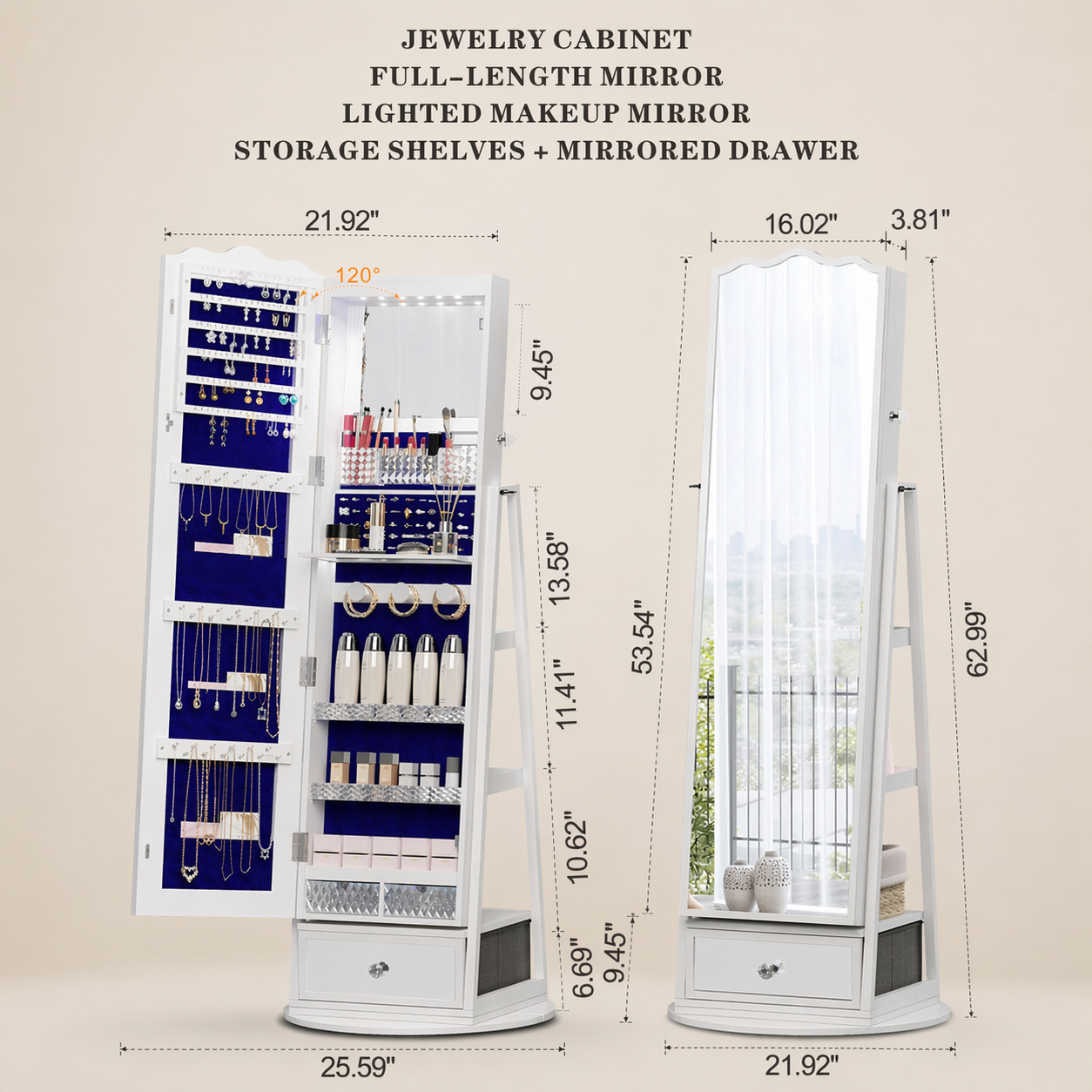 360° Rotating Jewelry Cabinet with LED Lights - Built-in Makeup Mirror