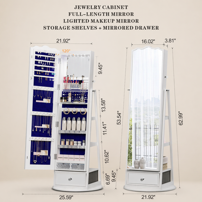 360° Rotating Jewelry Cabinet with LED Lights - Built-in Makeup Mirror