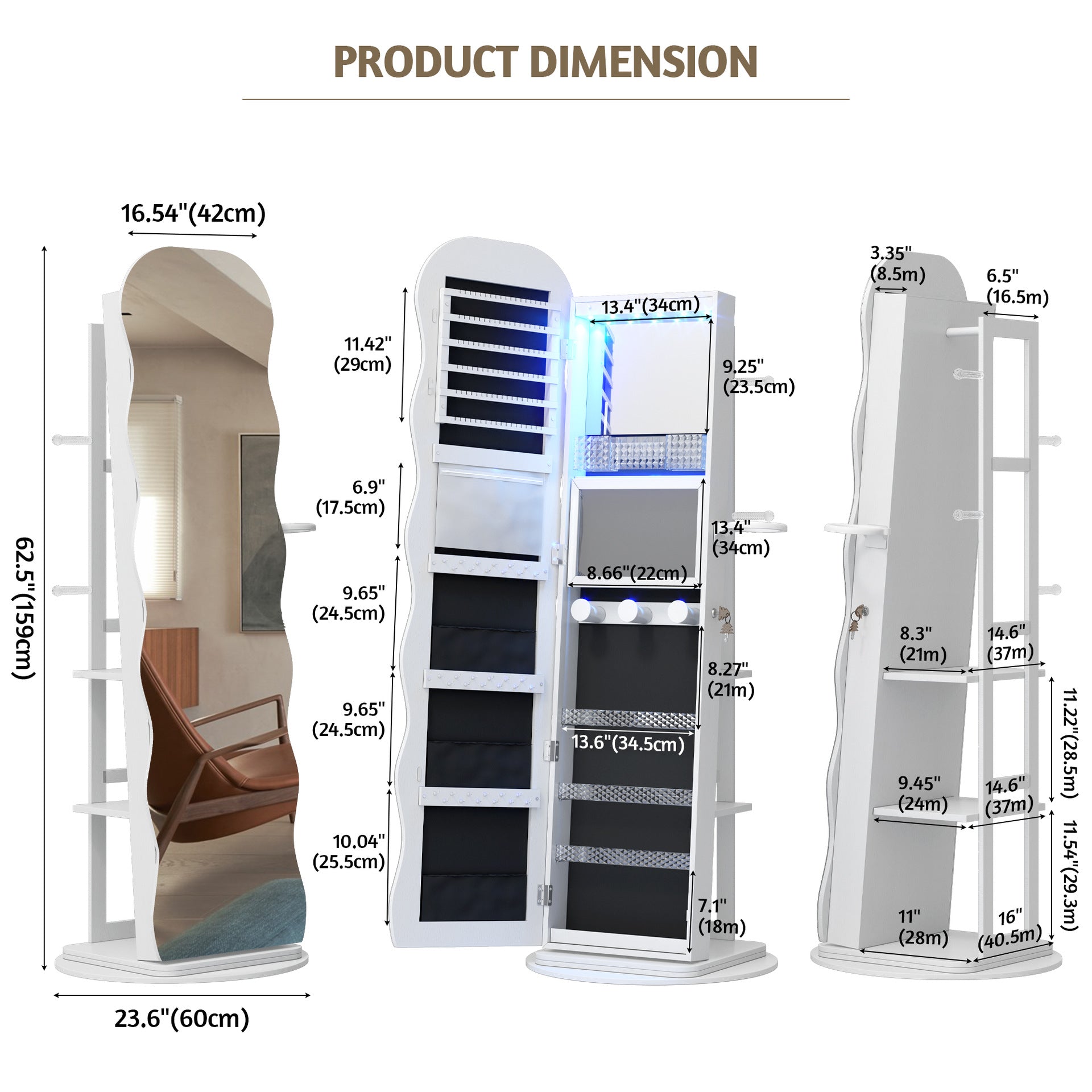 LED Full-Length Mirror with 360° Rotating Wave Mirror Jewelry Cabinet, Lockable with Built-in Folding Shelf