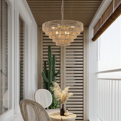 Natural Wood Finish Rattan Chandelier