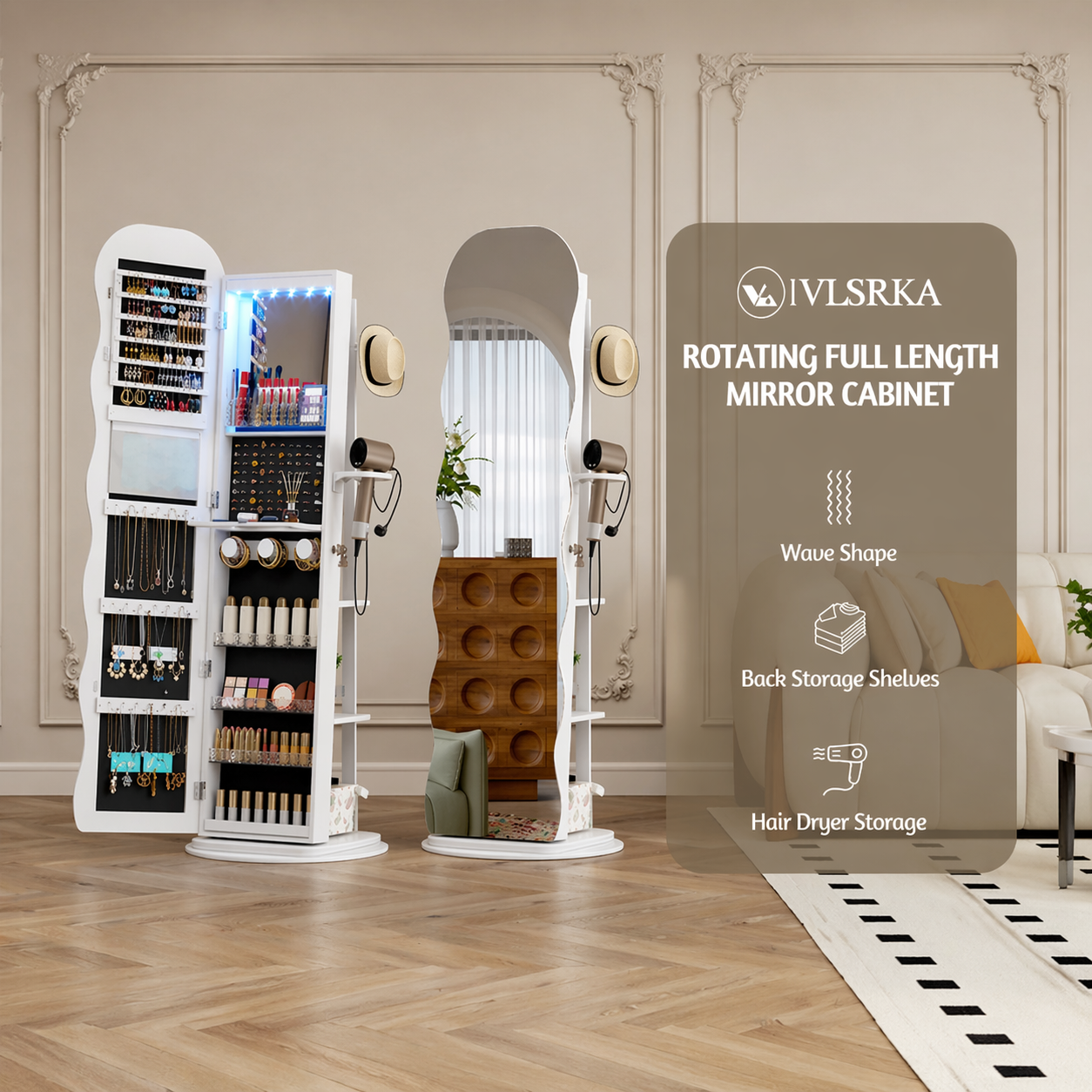 LED Full-Length Mirror with 360° Rotating Wave Mirror Jewelry Cabinet, Lockable with Built-in Folding Shelf