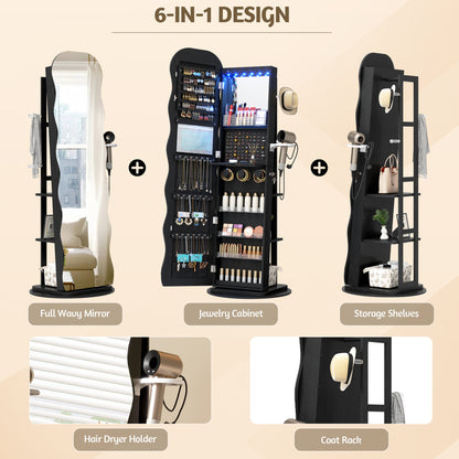 LED Full-Length Mirror with 360° Rotating Wave Mirror Jewelry Cabinet, Lockable with Built-in Folding Shelf