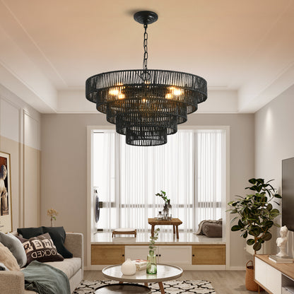 Natural Wood Finish Rattan Chandelier