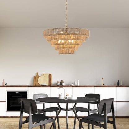 Natural Wood Finish Rattan Chandelier
