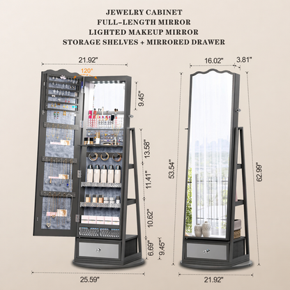 360° Rotating Jewelry Cabinet with LED Lights - Built-in Makeup Mirror