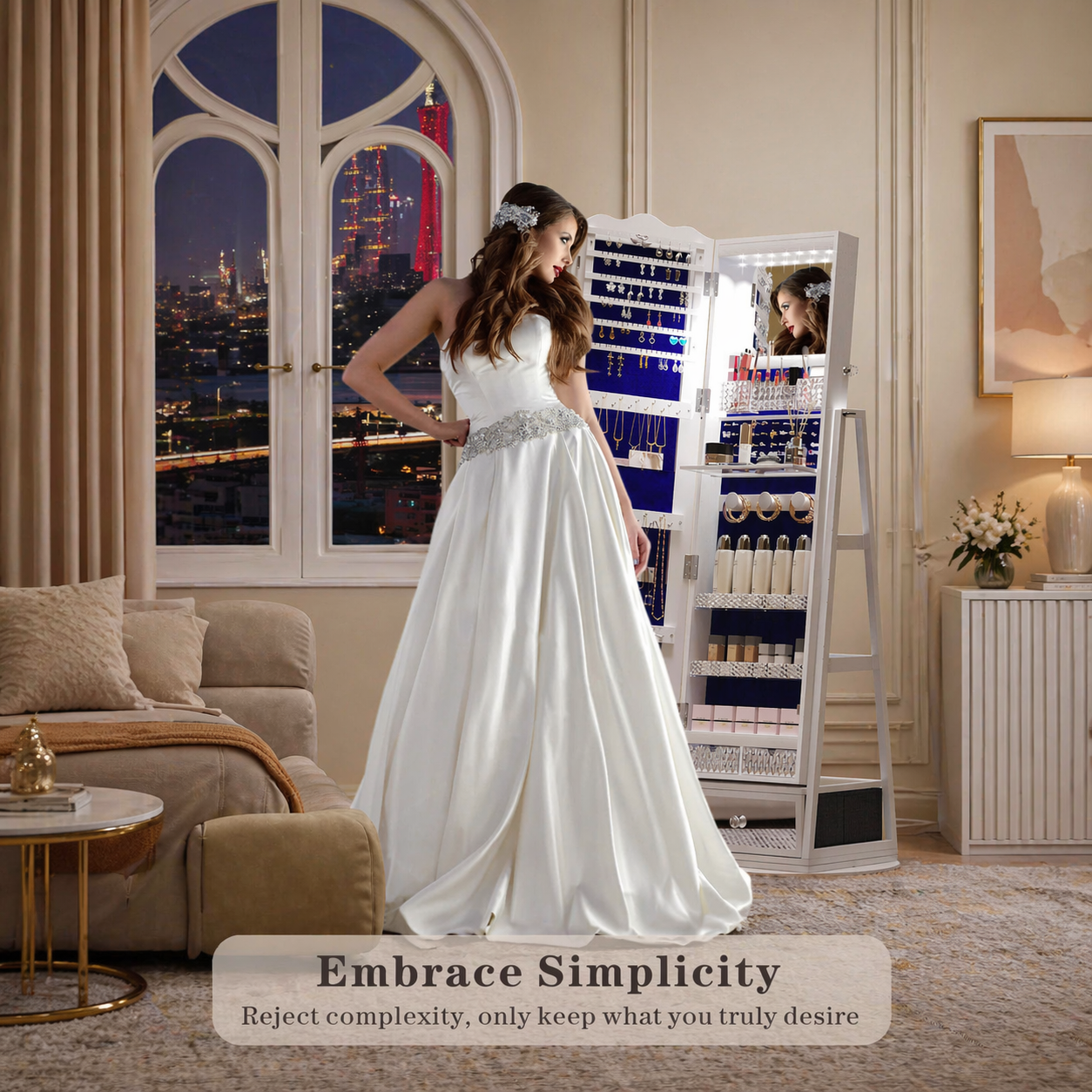 360° Rotating Jewelry Cabinet with LED Lights - Built-in Makeup Mirror