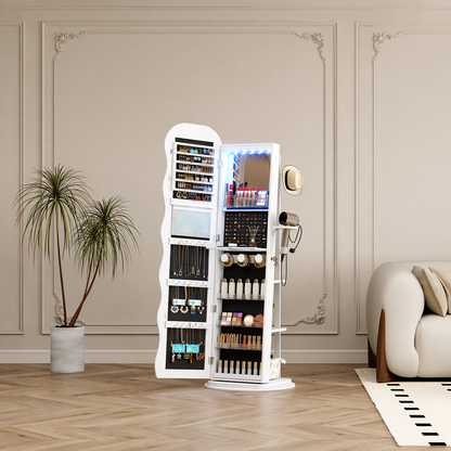 LED Full-Length Mirror with 360° Rotating Wave Mirror Jewelry Cabinet, Lockable with Built-in Folding Shelf