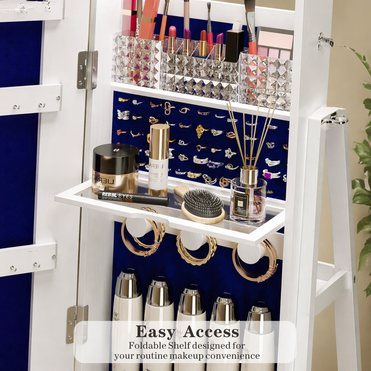 360° Rotating Jewelry Cabinet with LED Lights - Built-in Makeup Mirror