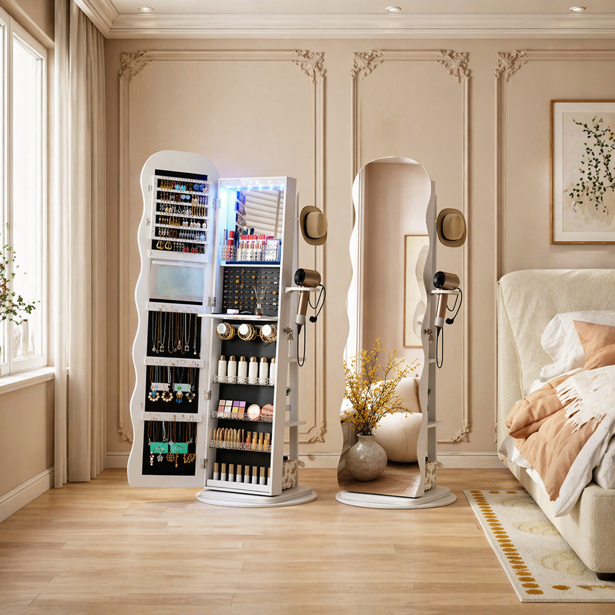 LED Full-Length Mirror with 360° Rotating Wave Mirror Jewelry Cabinet, Lockable with Built-in Folding Shelf