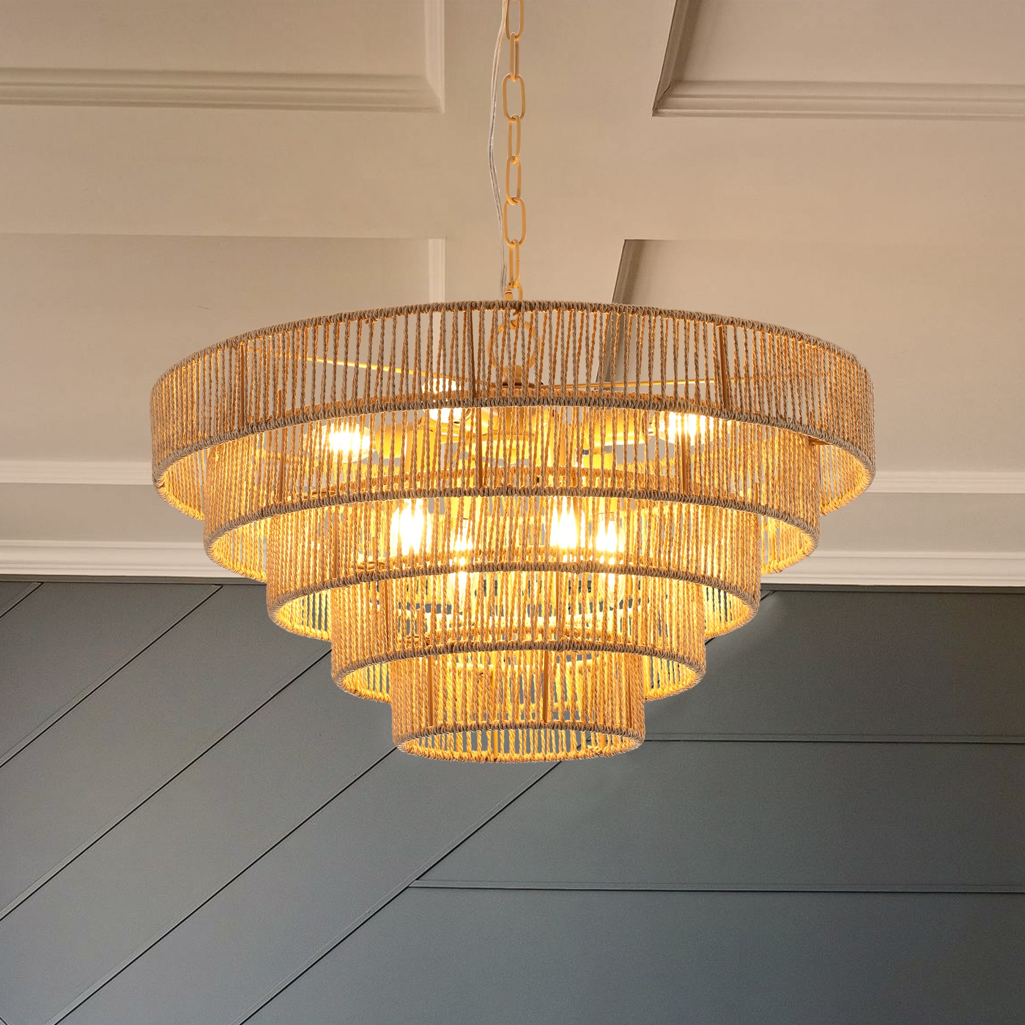 Natural Wood Finish Rattan Chandelier