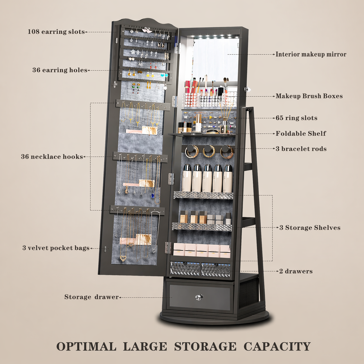 360° Rotating Jewelry Cabinet with LED Lights - Built-in Makeup Mirror