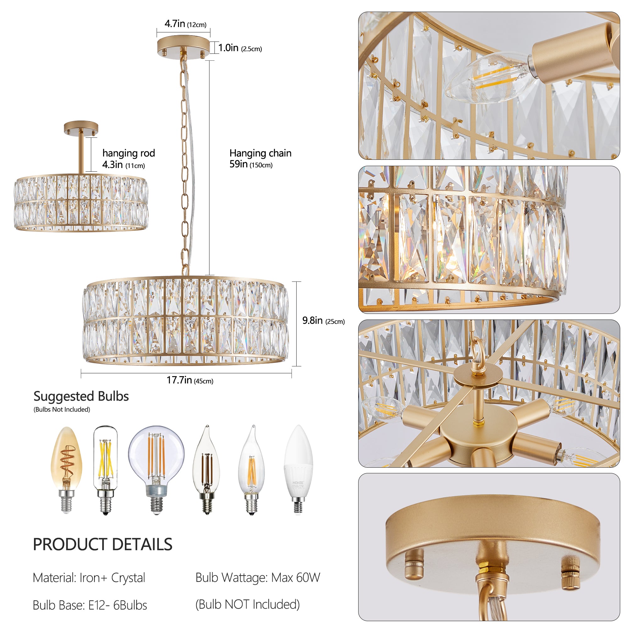 Golden Modern Crystal Drum Chandelier