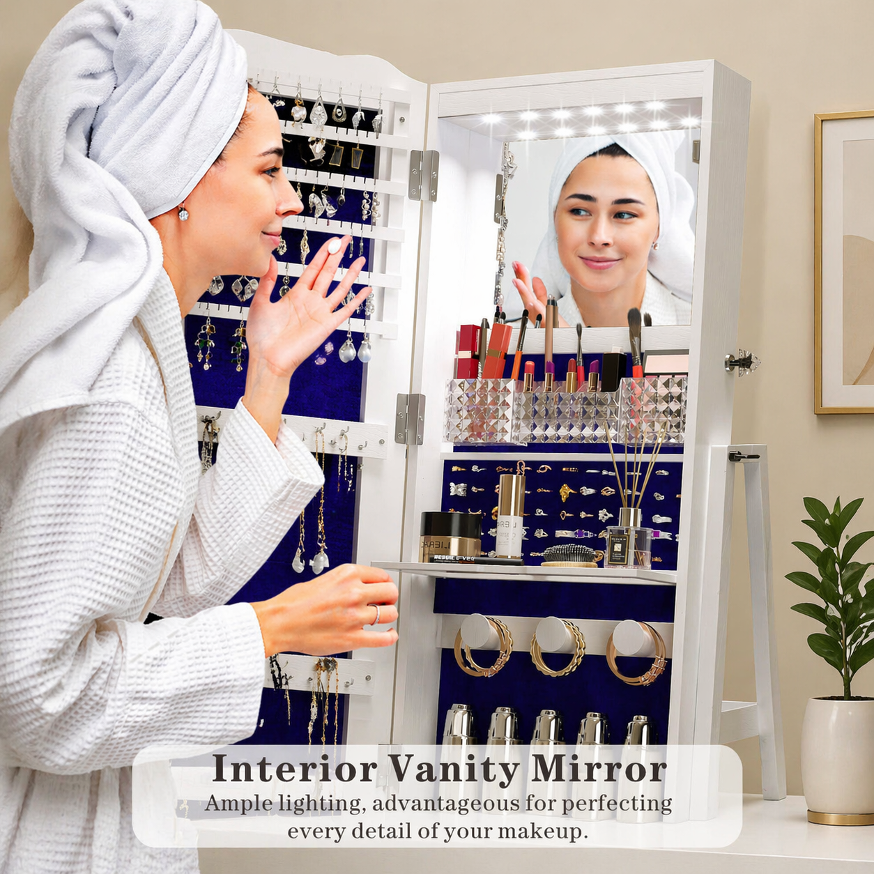 360° Rotating Jewelry Cabinet with LED Lights - Built-in Makeup Mirror