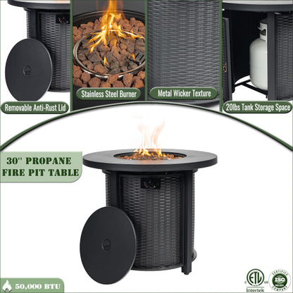 30' Propane Gas Fire Pit Table, 50000 BTU Round Steel Fire Pit for Outside Patio Garden