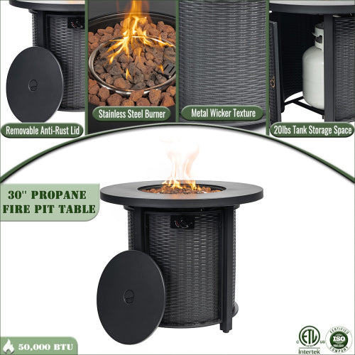 30' Propane Gas Fire Pit Table, 50000 BTU Round Steel Fire Pit for Outside Patio Garden