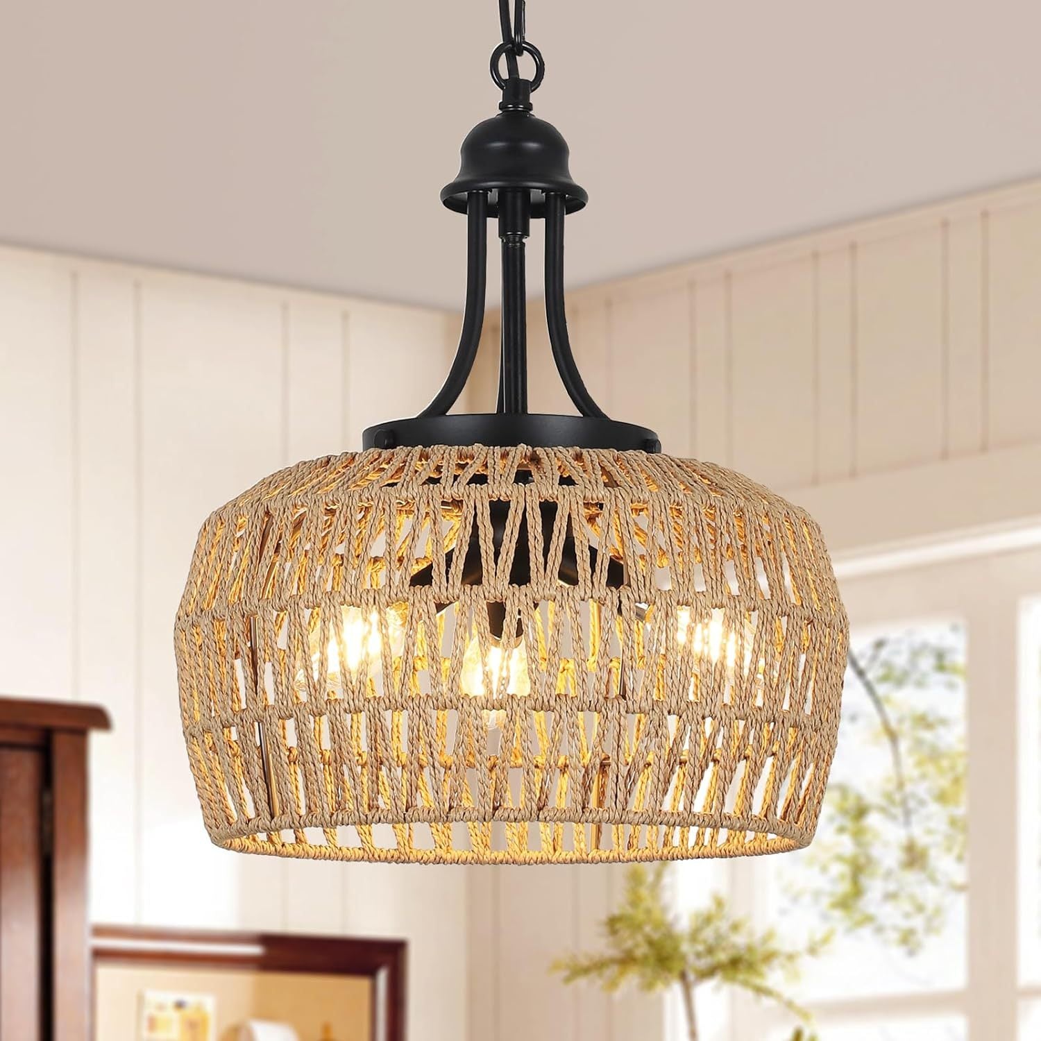 Farmhouse Chandelier for Dining Room, 3-Light Boho Rattan Chandelier Light Fixture Ceiling Hanging with Woven Lampshade