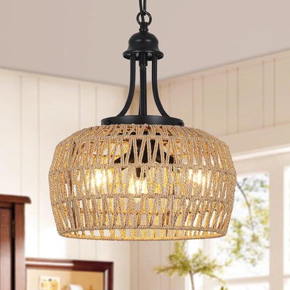 Farmhouse Chandelier for Dining Room, 3-Light Boho Rattan Chandelier Light Fixture Ceiling Hanging with Woven Lampshade