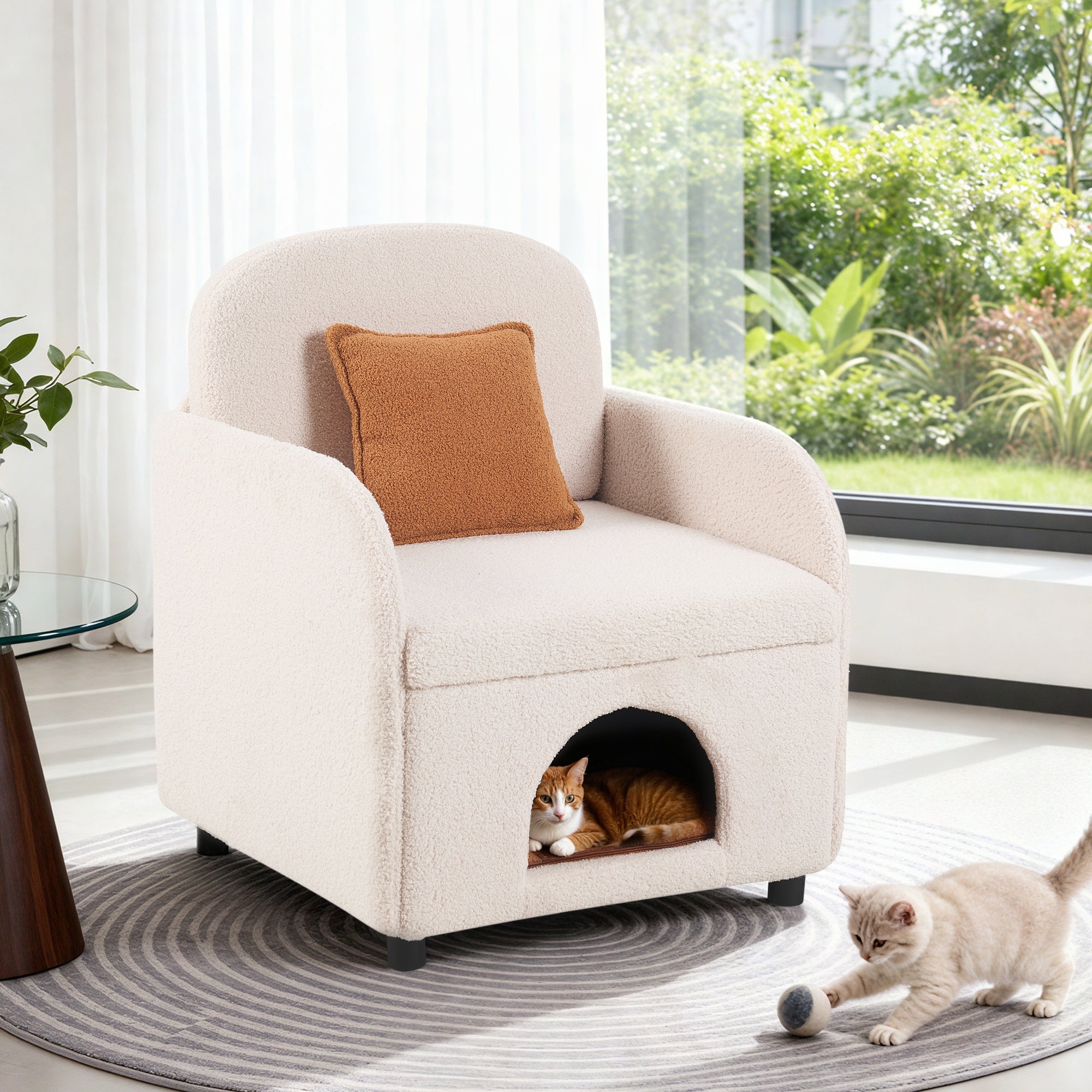 Furniture Style 2 in 1 Pet Friendly  Fluffy Fabric Sherpa Upholstered Leisure Armchair with Lumbar Pillow for Living Room Bedroom Home and Office, Cream White
