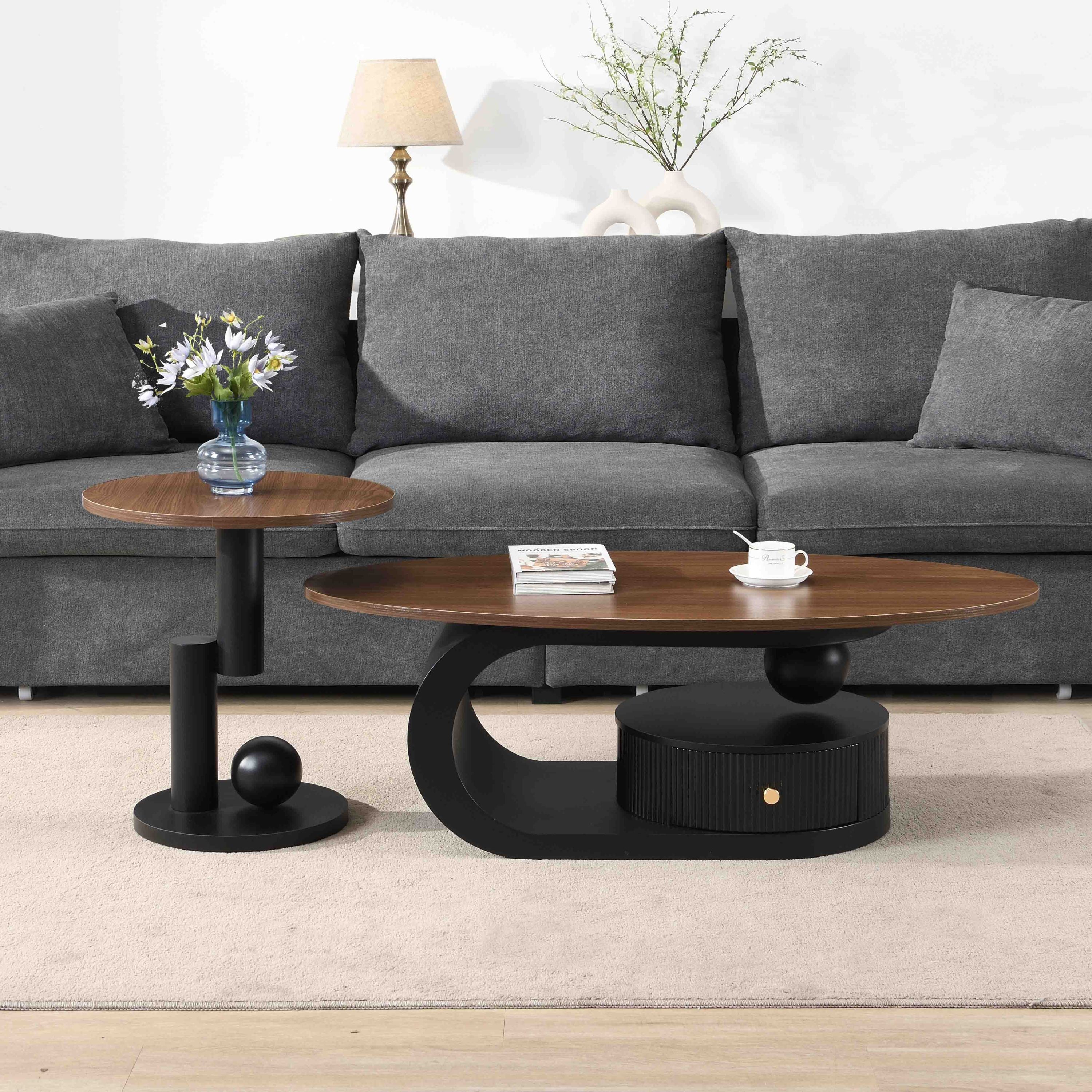 Luxury Nesting Coffee Table Set of 2 Tables with Storage for Living Room Oval and Round Table Set Black Center Table
