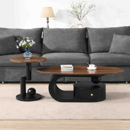 Luxury Nesting Coffee Table Set of 2 Tables with Storage for Living Room Oval and Round Table Set Black Center Table
