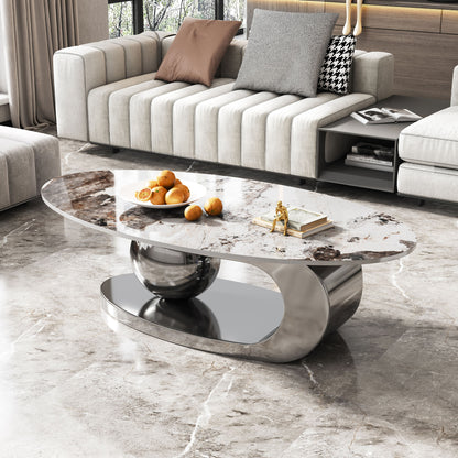 49.2 Inches Oval Faux Marble Coffee Table for Living Room with Stainless Steel Base