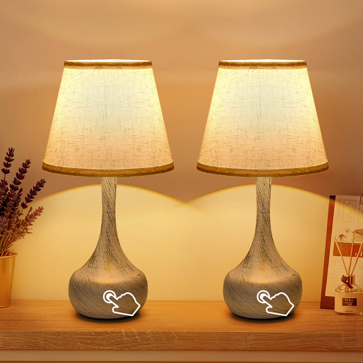 Touch Bedside Lamp Set of 2, Farmhouse 3-Way Dimmable Table Lamps for Nightstand with Fabric Shade
